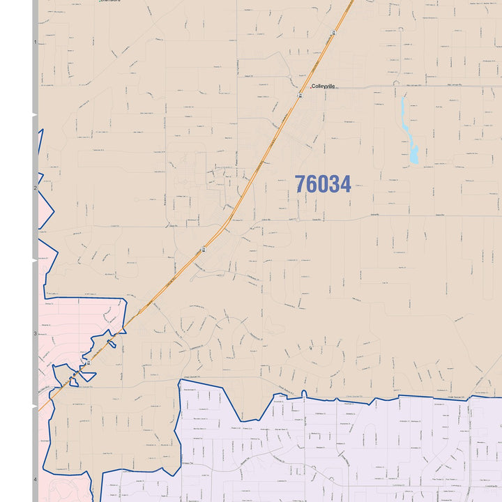 Color Cast Zip Code Style Wall Map of Euless, TX