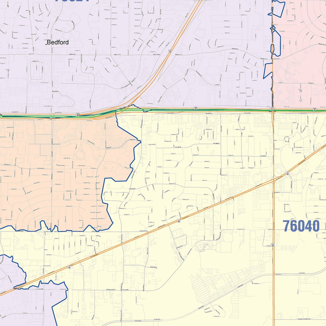 Color Cast Zip Code Style Wall Map of Euless, TX