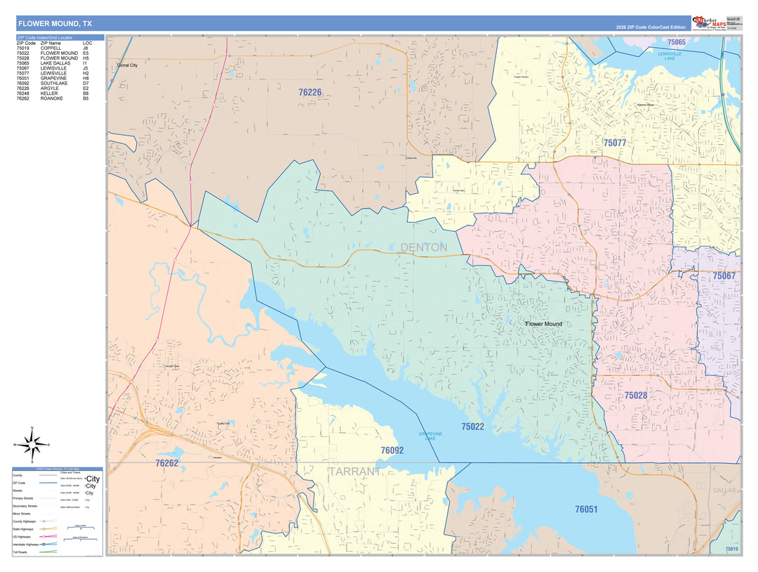 Color Cast Zip Code Style Wall Map of Flower Mound, TX
