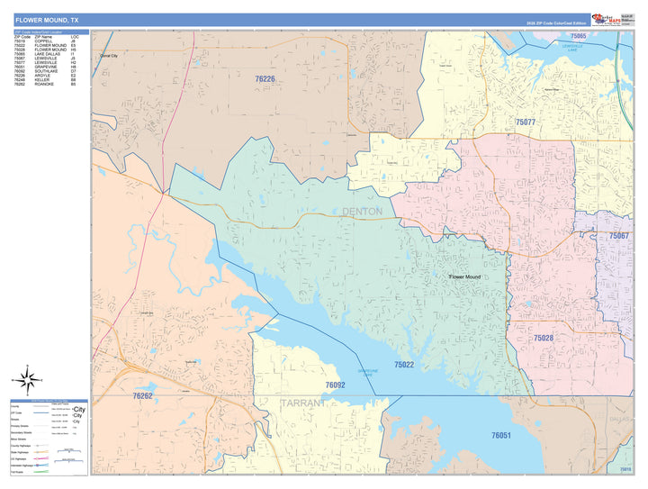 Color Cast Zip Code Style Wall Map of Flower Mound, TX