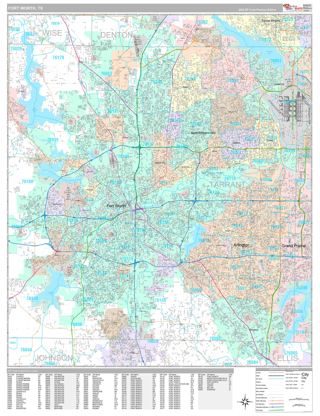 Premium Style Wall Map of Fort Worth, TX