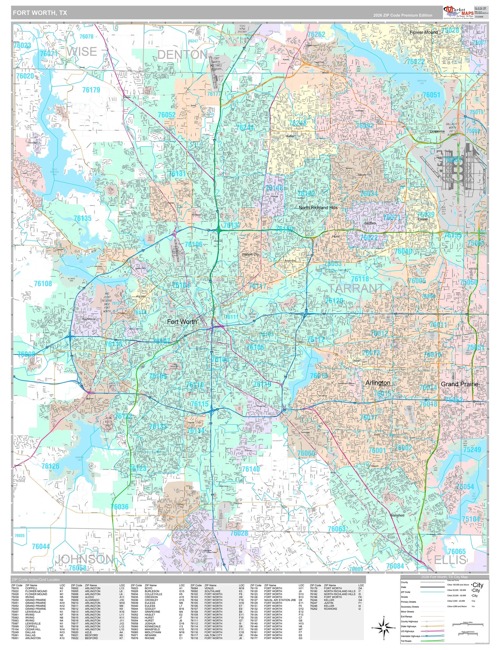 Premium Style Wall Map of Fort Worth, TX