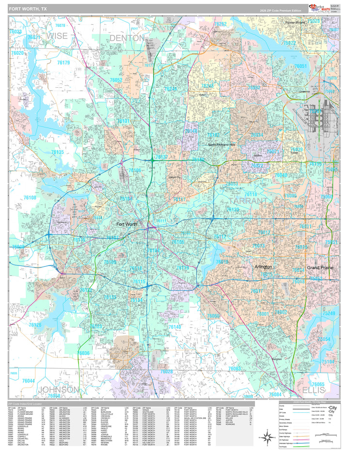 Premium Style Wall Map of Fort Worth, TX