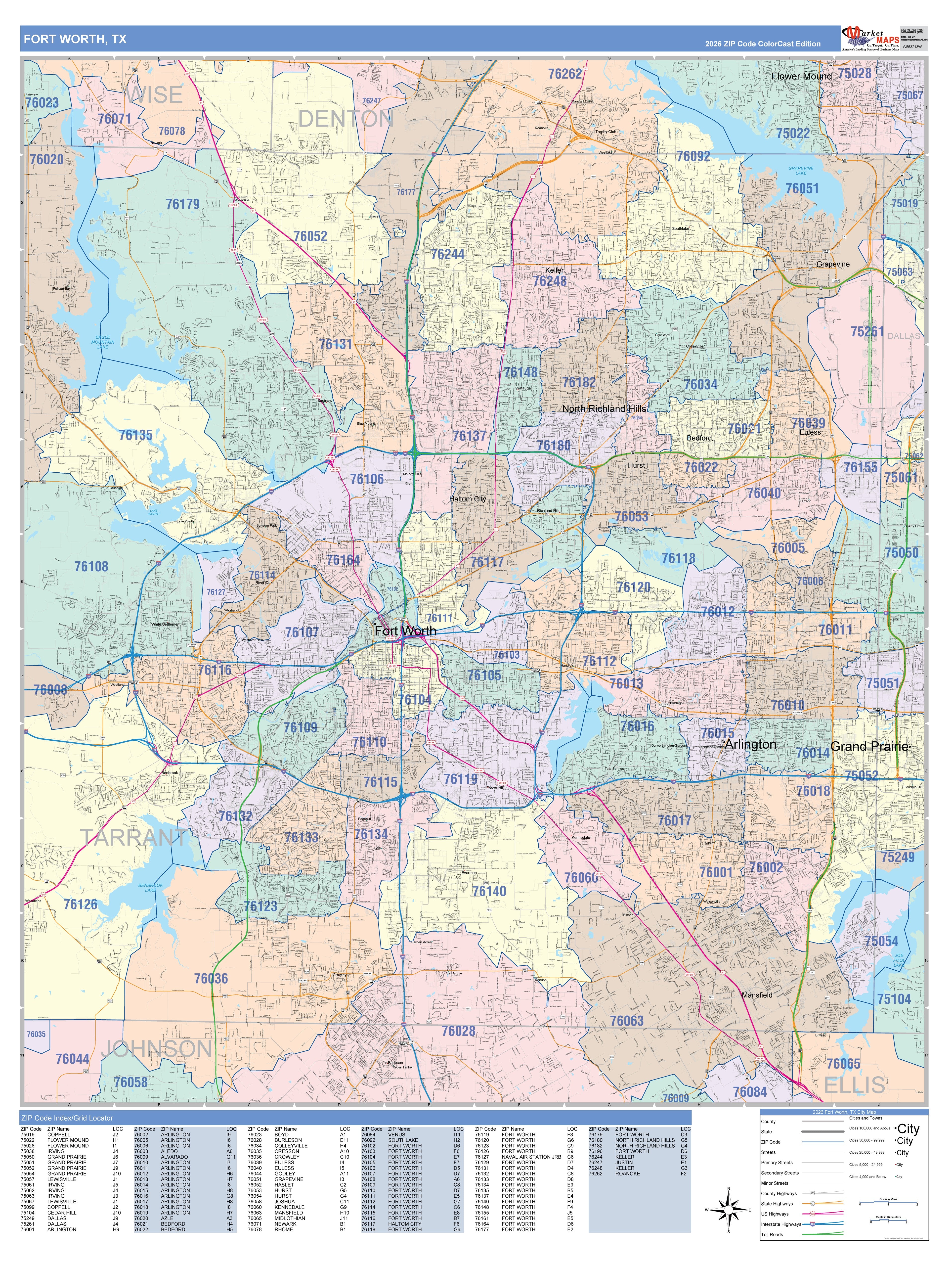 Color Cast Zip Code Style Wall Map of Fort Worth, TX – American Map Store