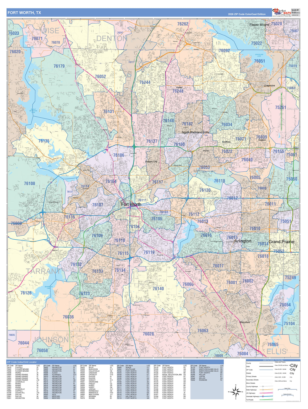 Color Cast Zip Code Style Wall Map of Fort Worth, TX
