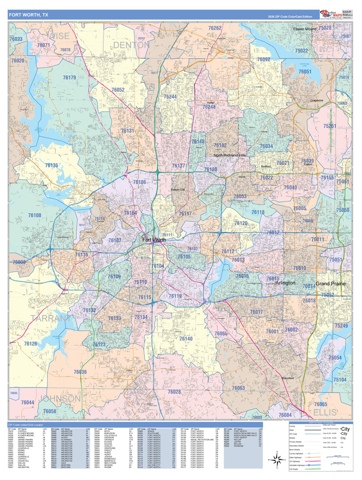 Color Cast Zip Code Style Wall Map of Fort Worth, TX