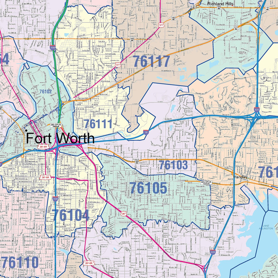 Color Cast Zip Code Style Wall Map of Fort Worth, TX