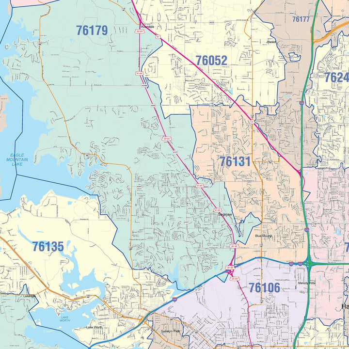 Color Cast Zip Code Style Wall Map of Fort Worth, TX