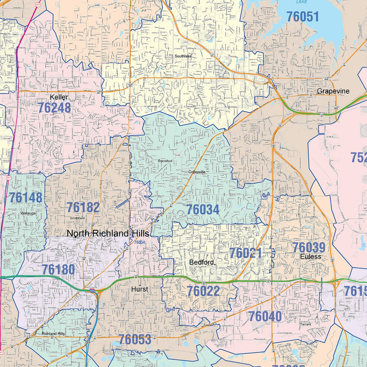 Color Cast Zip Code Style Wall Map of Fort Worth, TX