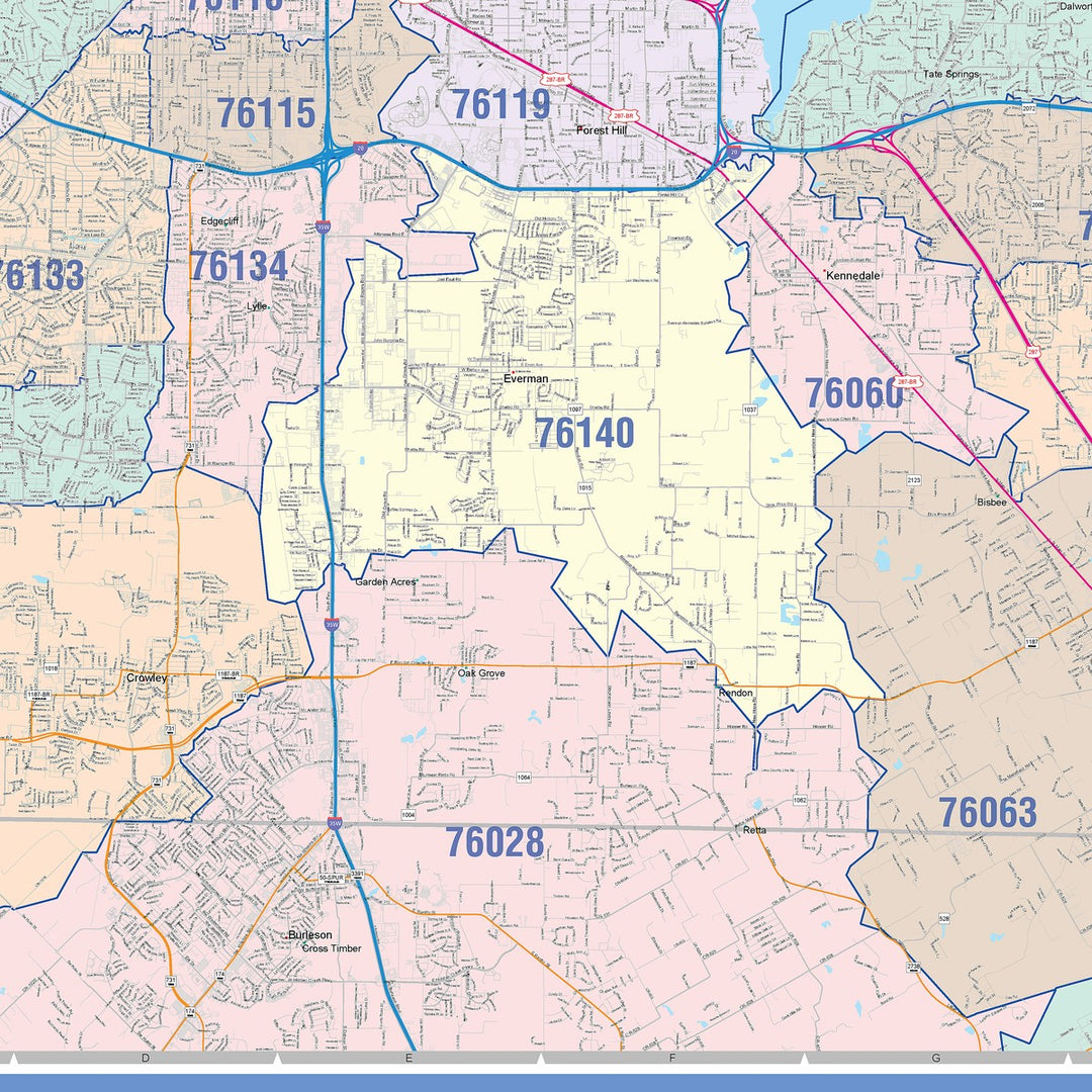 Color Cast Zip Code Style Wall Map of Fort Worth, TX