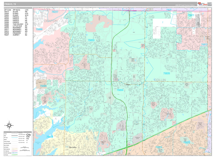 Premium Style Wall Map of Frisco, TX