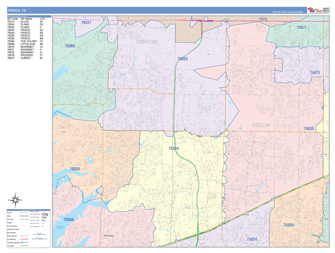 Color Cast Zip Code Style Wall Map of Frisco, TX