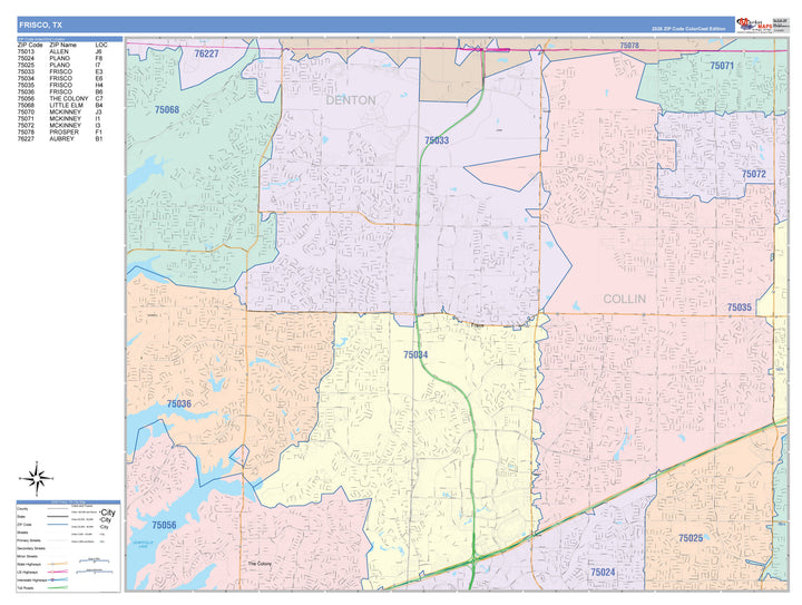 Color Cast Zip Code Style Wall Map of Frisco, TX
