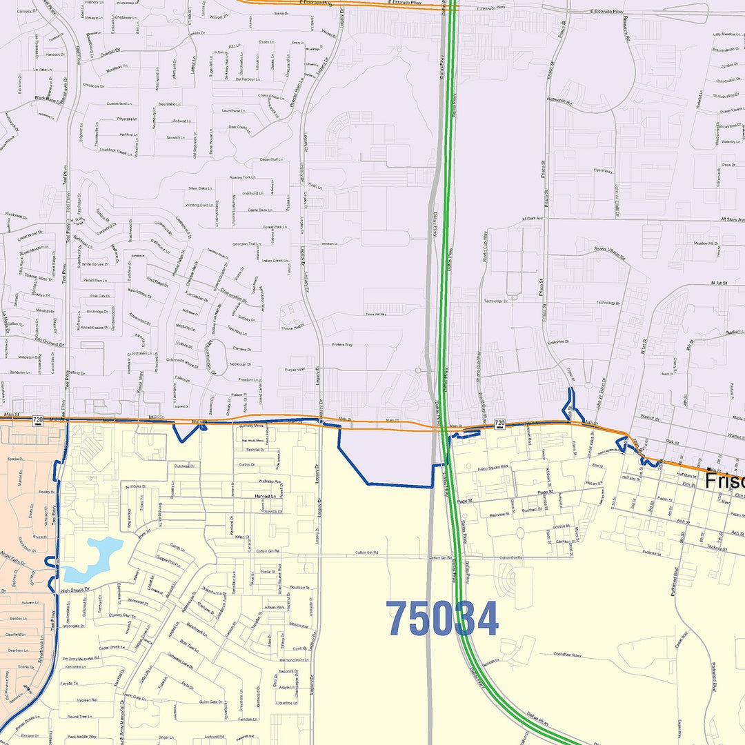 Color Cast Zip Code Style Wall Map of Frisco, TX