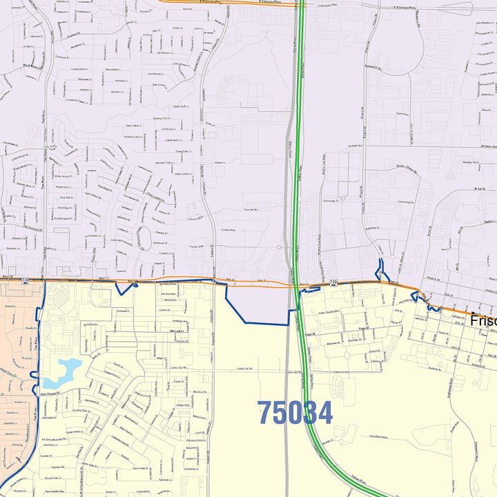Color Cast Zip Code Style Wall Map of Frisco, TX