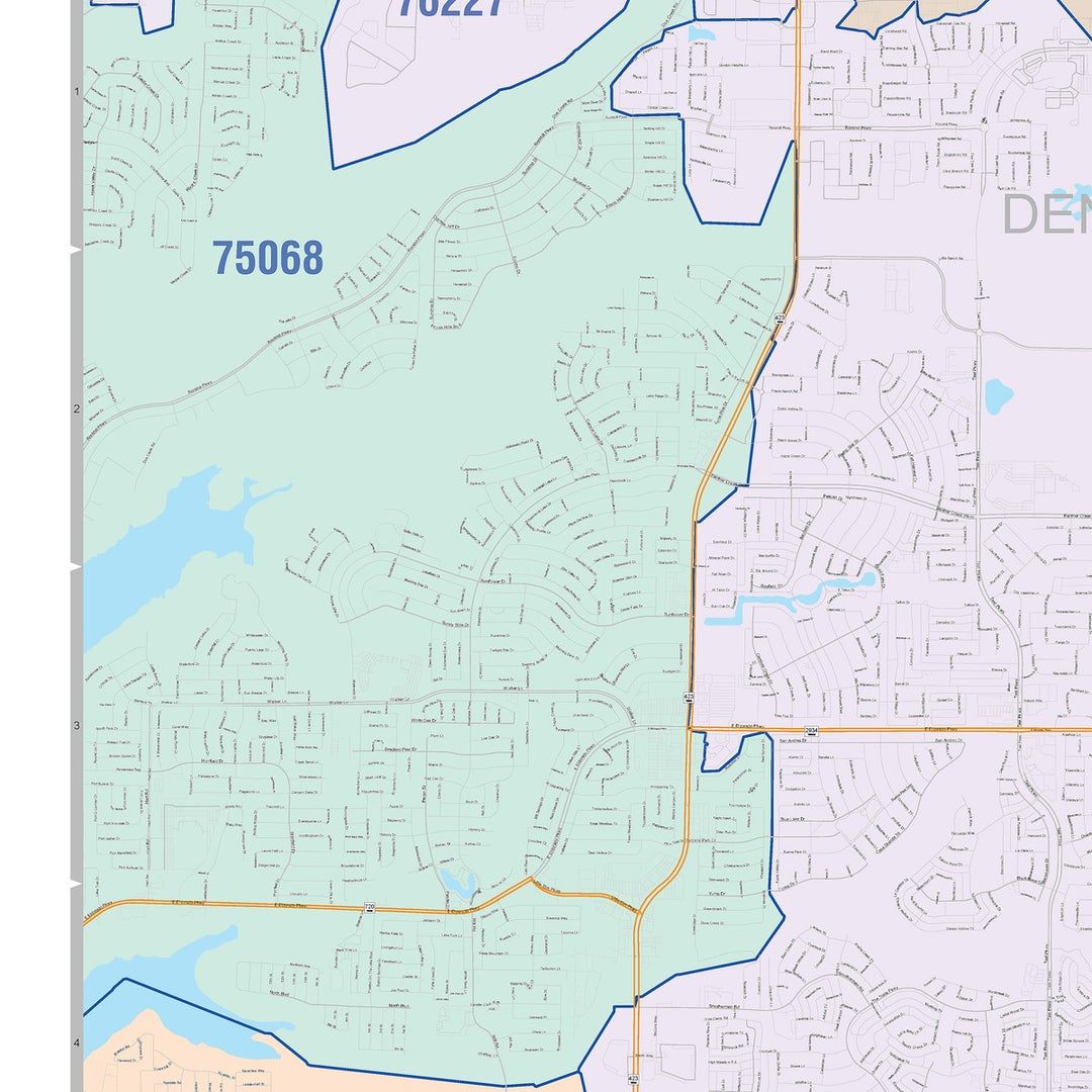 Color Cast Zip Code Style Wall Map of Frisco, TX