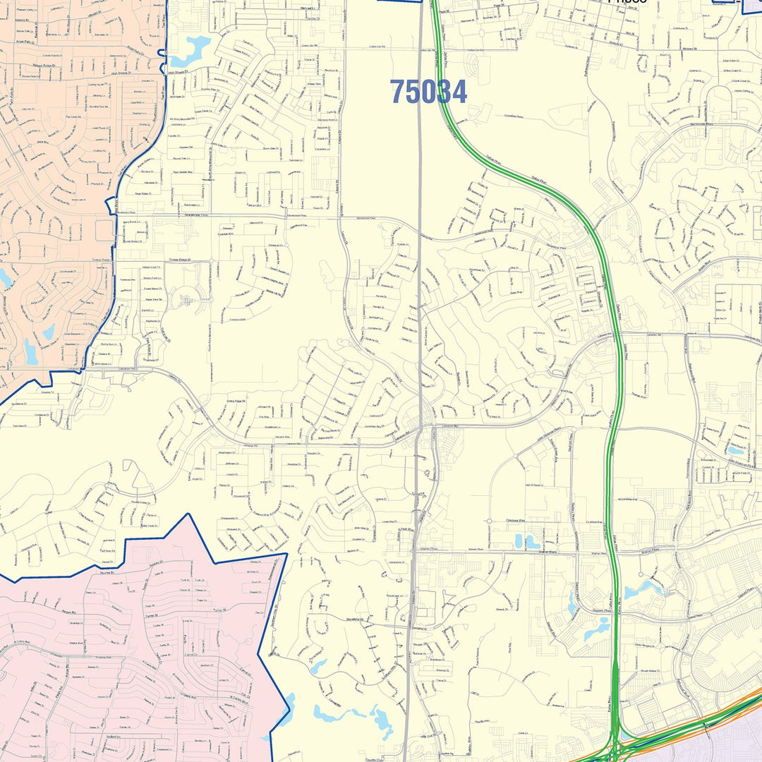 Color Cast Zip Code Style Wall Map of Frisco, TX