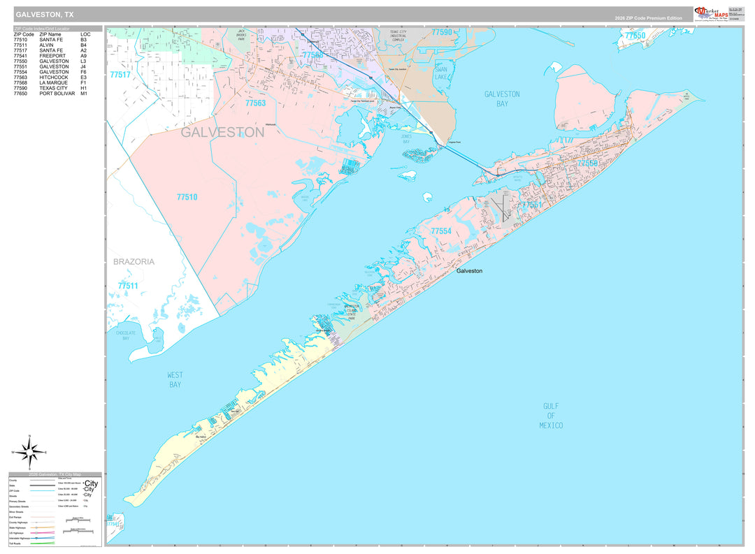Premium Style Wall Map of Galveston, TX