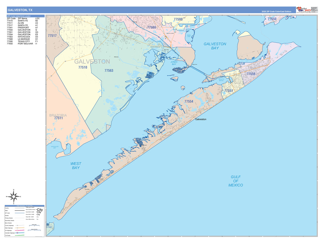 Color Cast Zip Code Style Wall Map of Galveston, TX