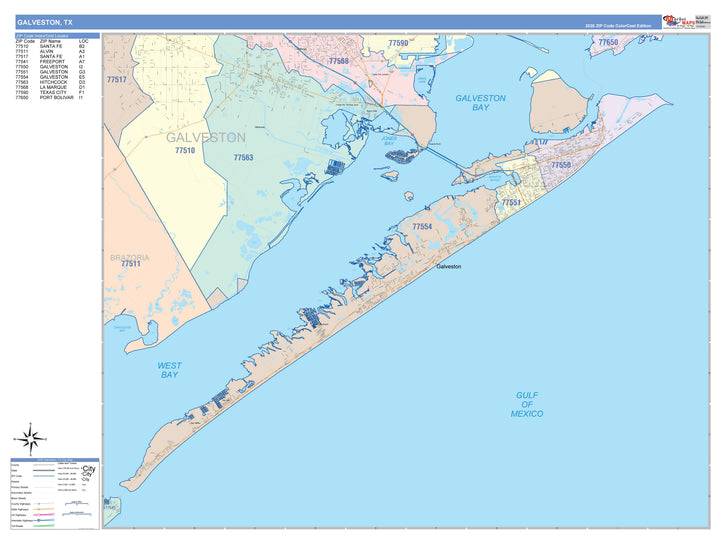 Color Cast Zip Code Style Wall Map of Galveston, TX