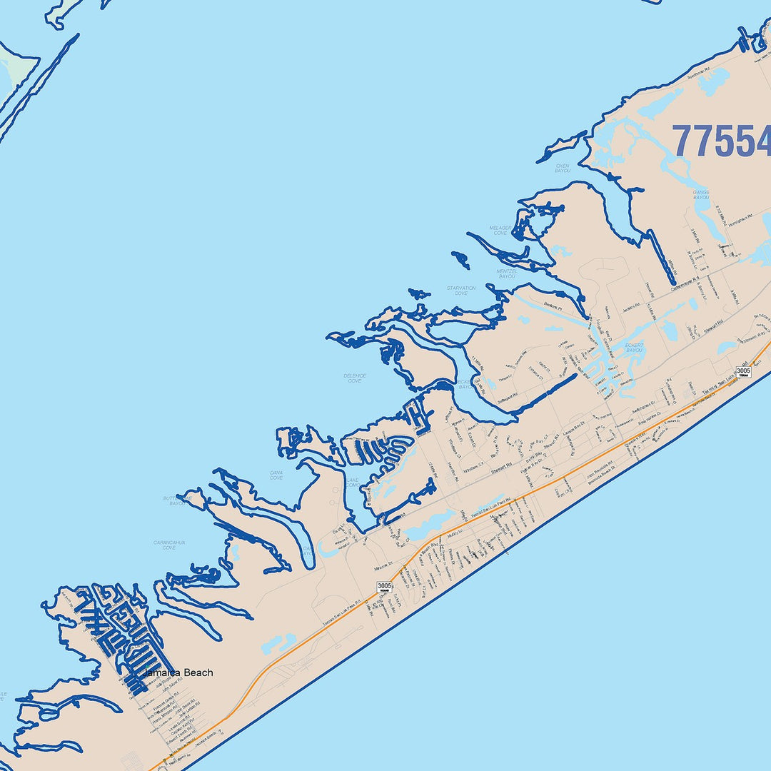 Color Cast Zip Code Style Wall Map of Galveston, TX