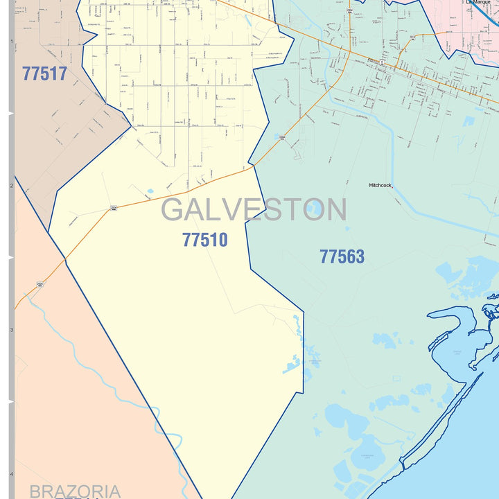 Color Cast Zip Code Style Wall Map of Galveston, TX