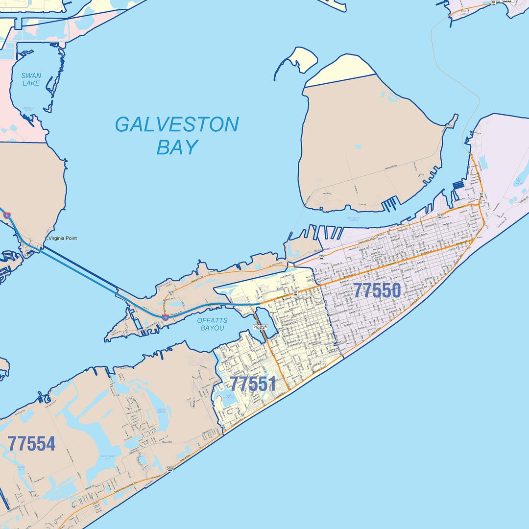 Color Cast Zip Code Style Wall Map of Galveston, TX