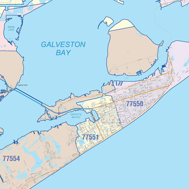 Color Cast Zip Code Style Wall Map of Galveston, TX