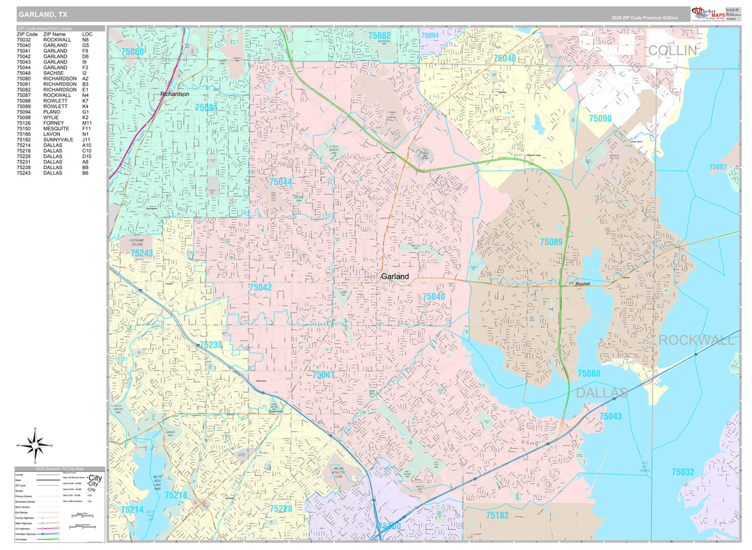 Premium Style Wall Map of Garland, TX