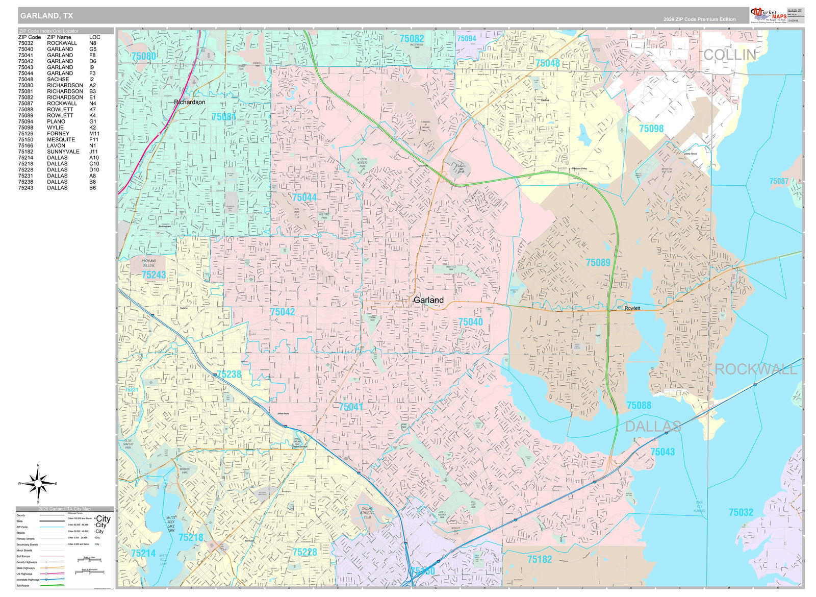 Premium Style Wall Map of Garland, TX