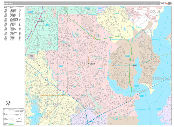 Premium Style Wall Map of Garland, TX