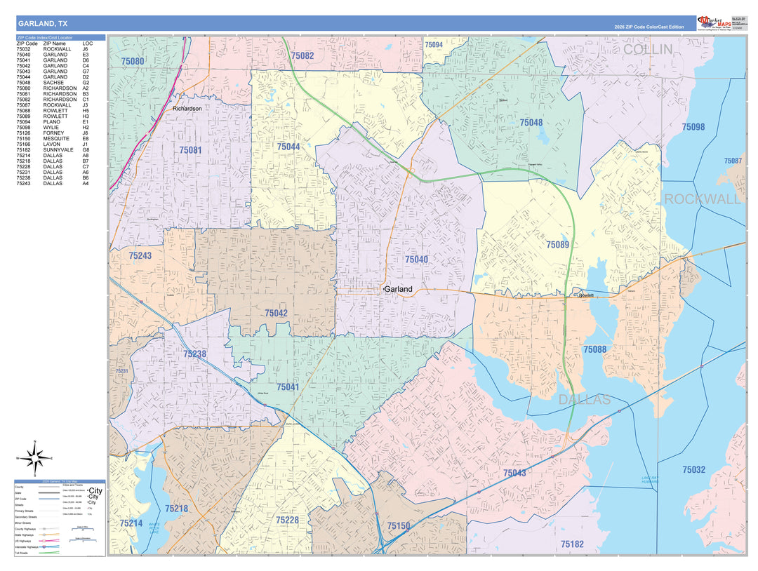 Color Cast Zip Code Style Wall Map of Garland, TX