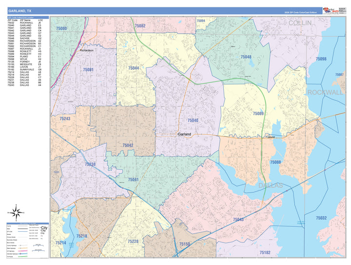 Color Cast Zip Code Style Wall Map of Garland, TX