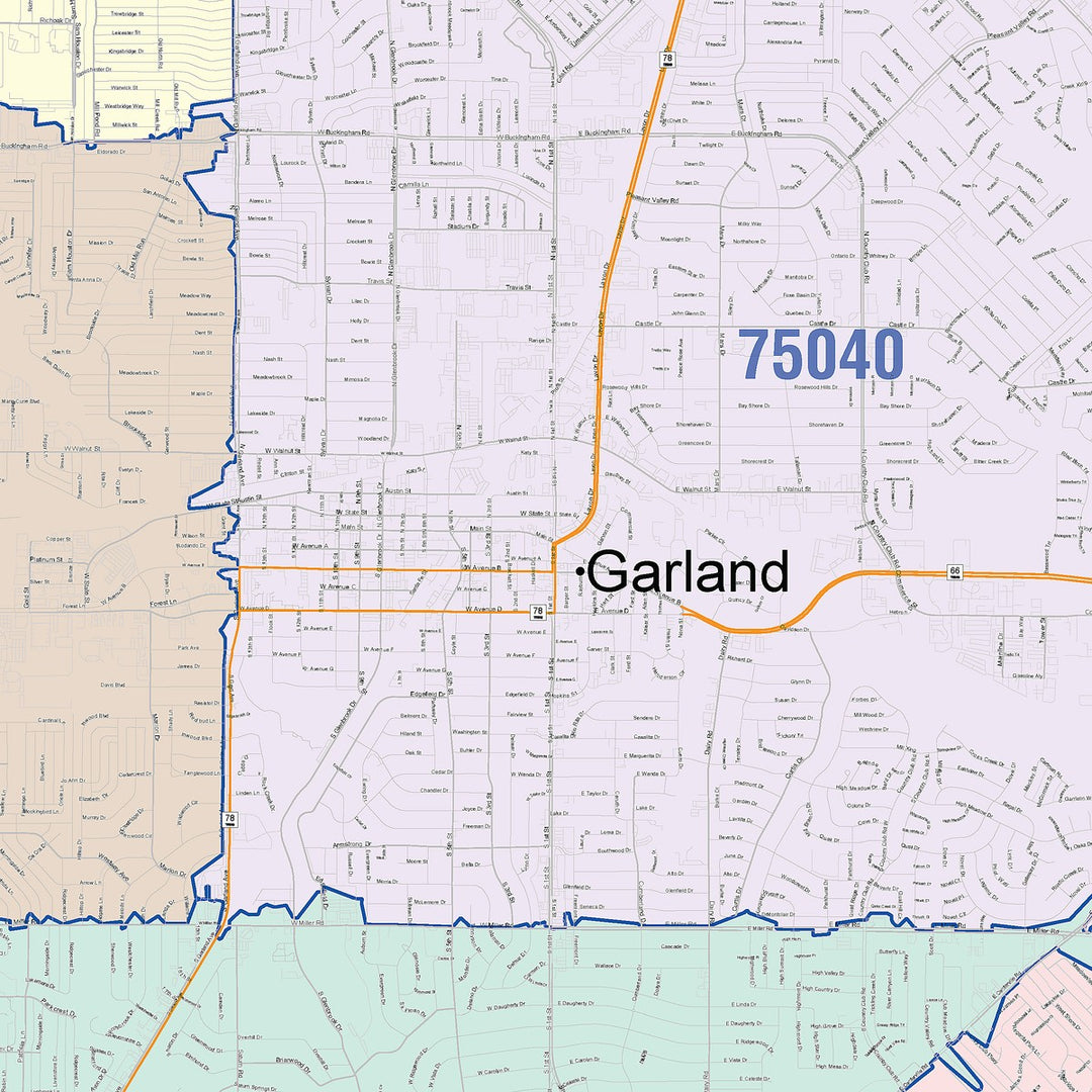 Color Cast Zip Code Style Wall Map of Garland, TX
