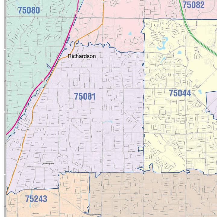 Color Cast Zip Code Style Wall Map of Garland, TX
