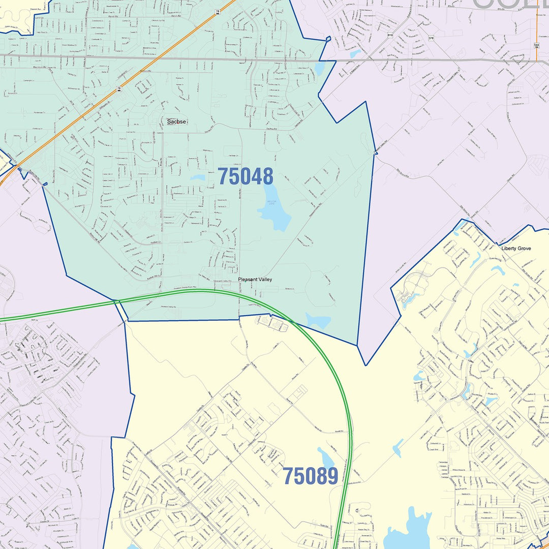 Color Cast Zip Code Style Wall Map of Garland, TX