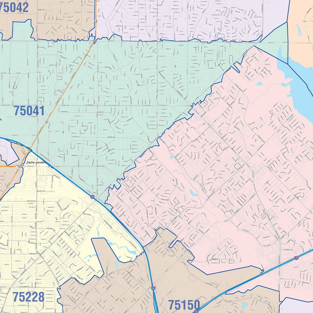 Color Cast Zip Code Style Wall Map of Garland, TX