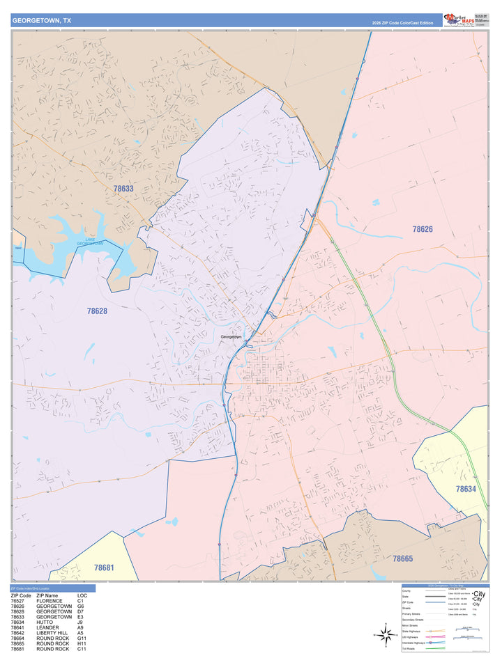 Color Cast Zip Code Style Wall Map of Georgetown, TX