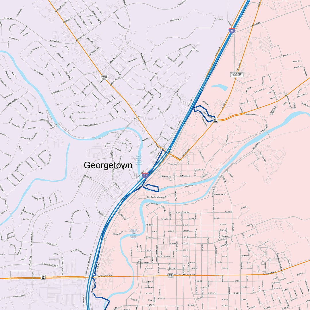 Color Cast Zip Code Style Wall Map of Georgetown, TX