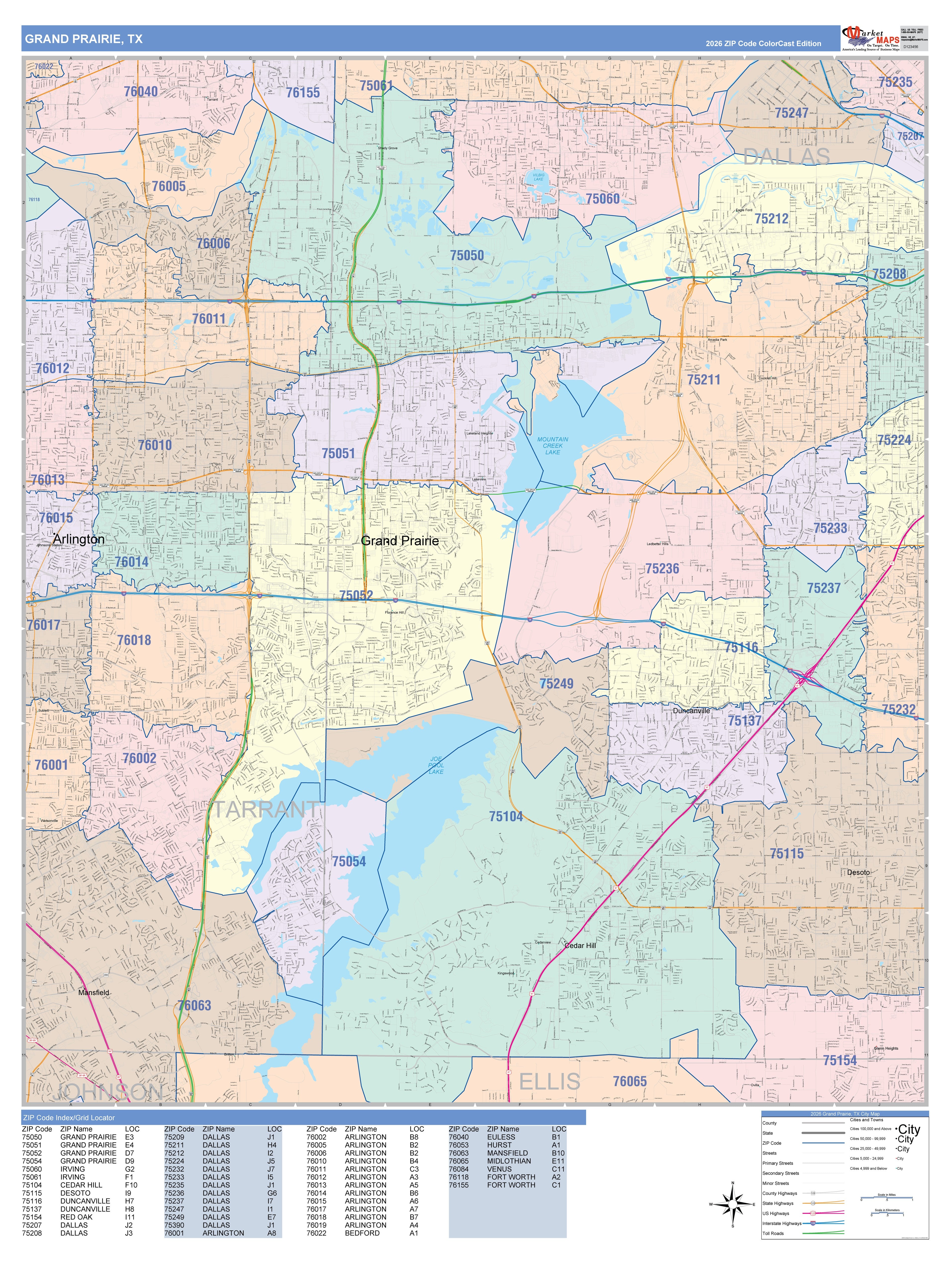 Color Cast Zip Code Style Wall Map of Grand Prairie, TX – American Map ...