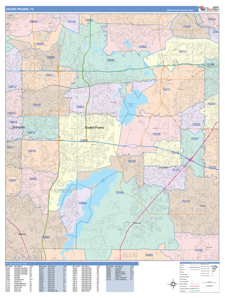 Color Cast Zip Code Style Wall Map of Grand Prairie, TX