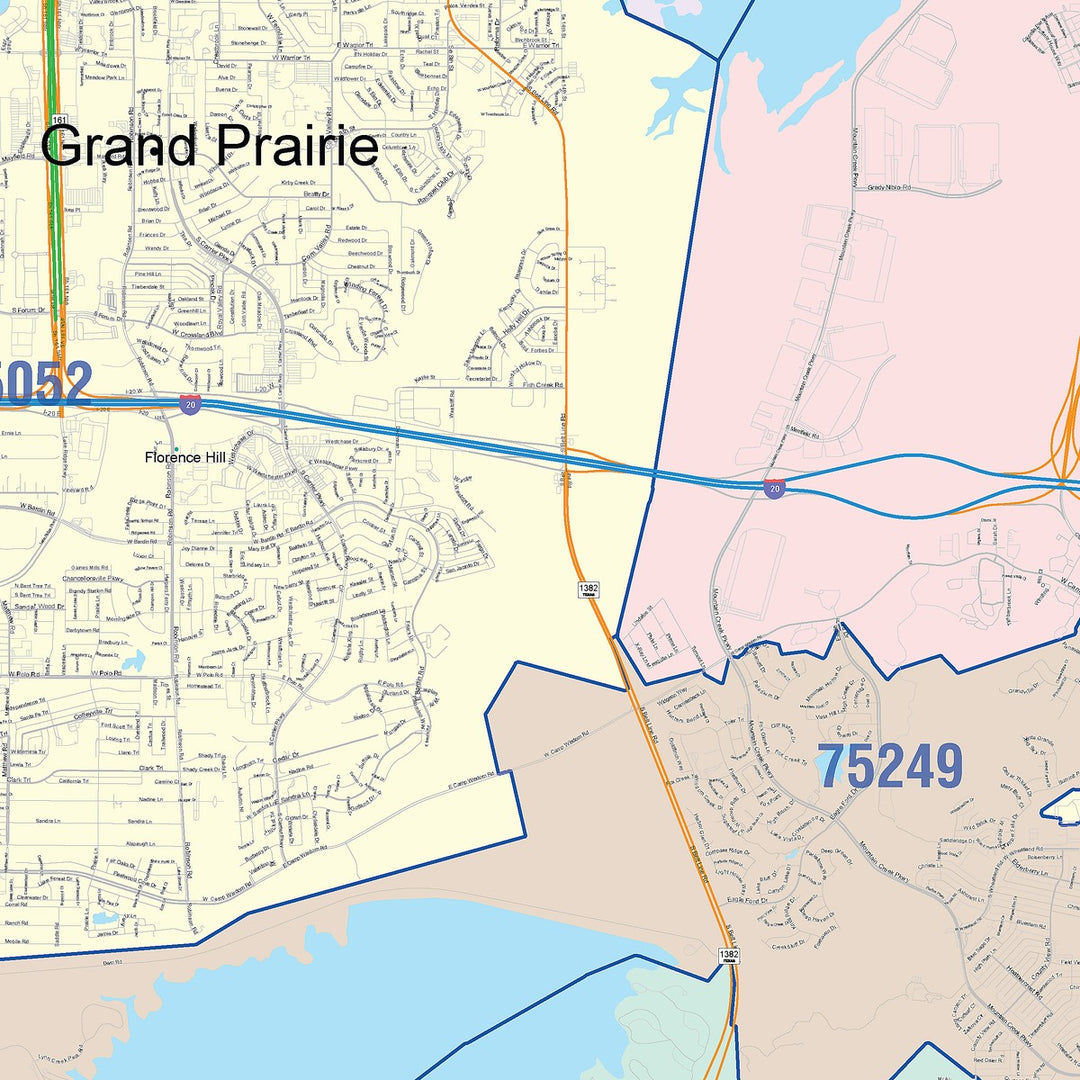 Color Cast Zip Code Style Wall Map of Grand Prairie, TX