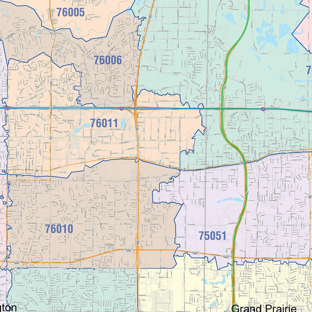 Color Cast Zip Code Style Wall Map of Grand Prairie, TX