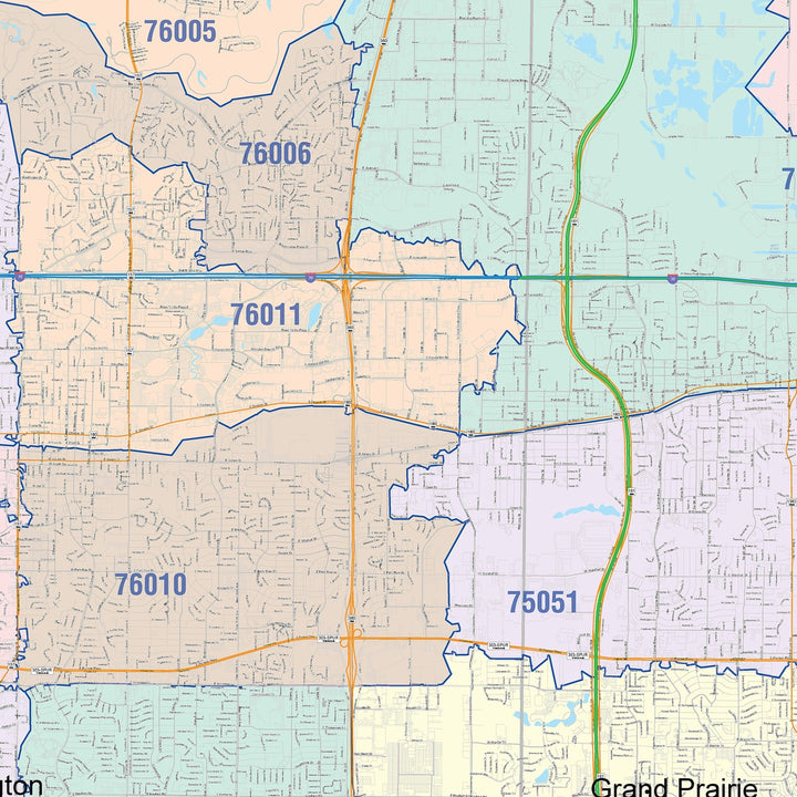 Color Cast Zip Code Style Wall Map of Grand Prairie, TX