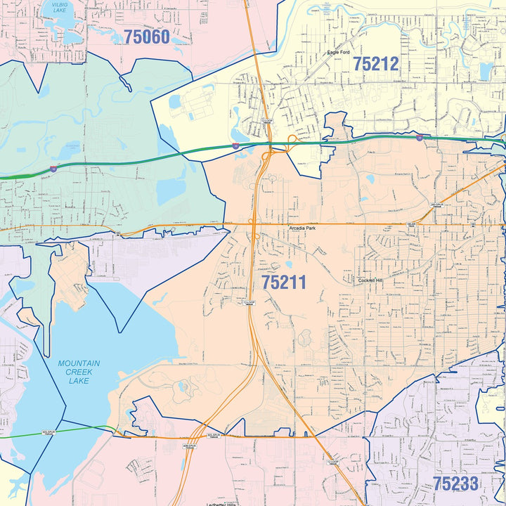 Color Cast Zip Code Style Wall Map of Grand Prairie, TX