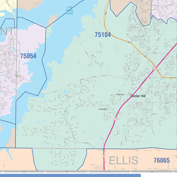 Color Cast Zip Code Style Wall Map of Grand Prairie, TX