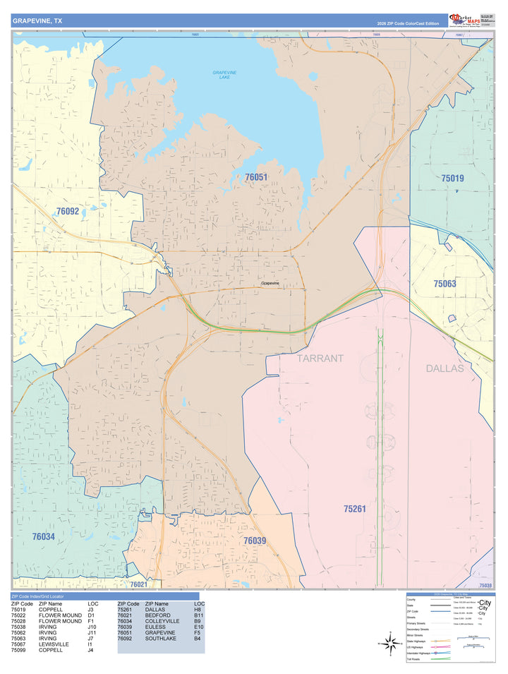 Color Cast Zip Code Style Wall Map of Grapevine, TX