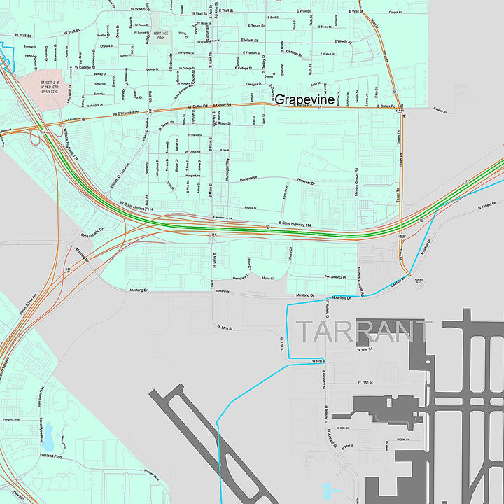 Premium Style Wall Map of Grapevine, TX