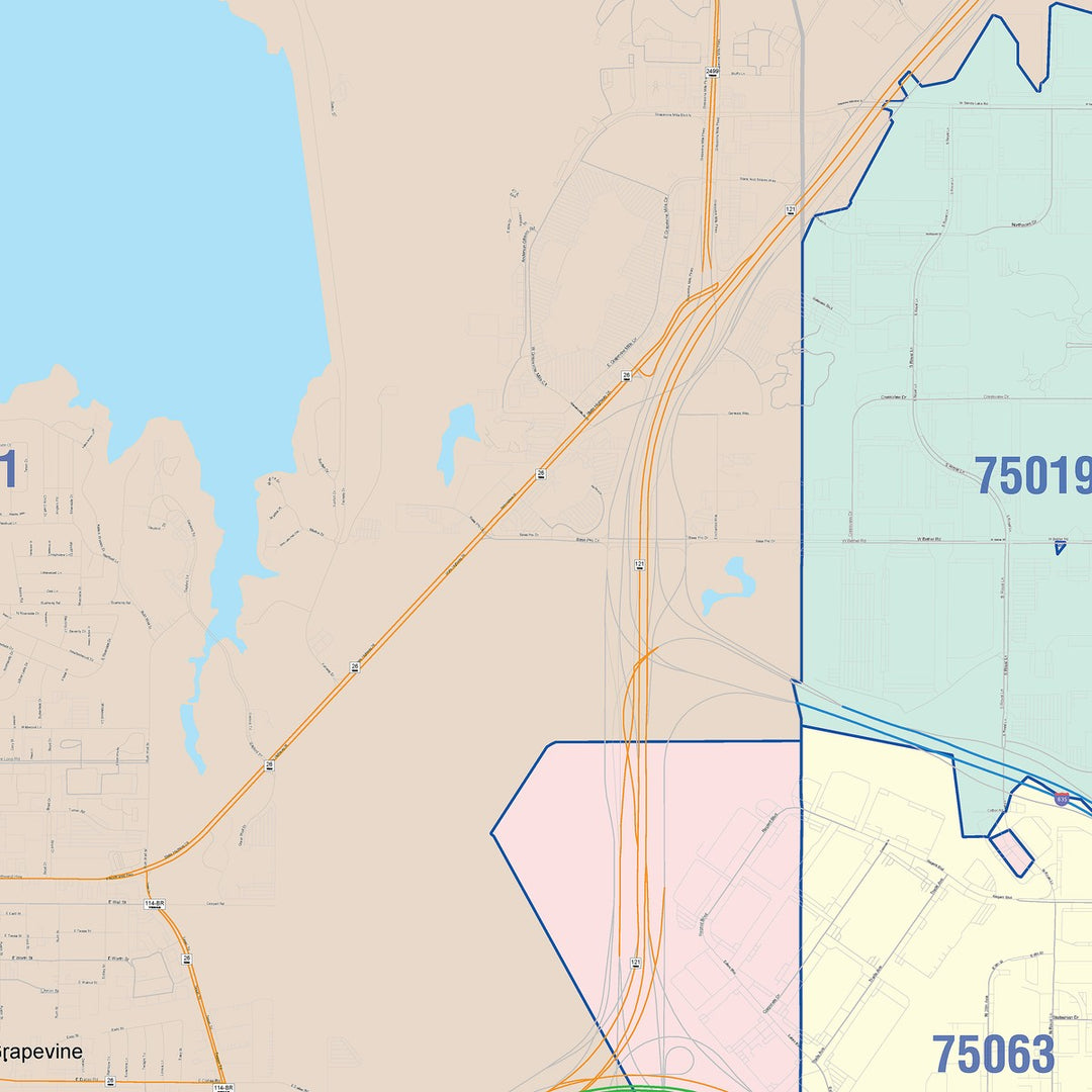 Color Cast Zip Code Style Wall Map of Grapevine, TX