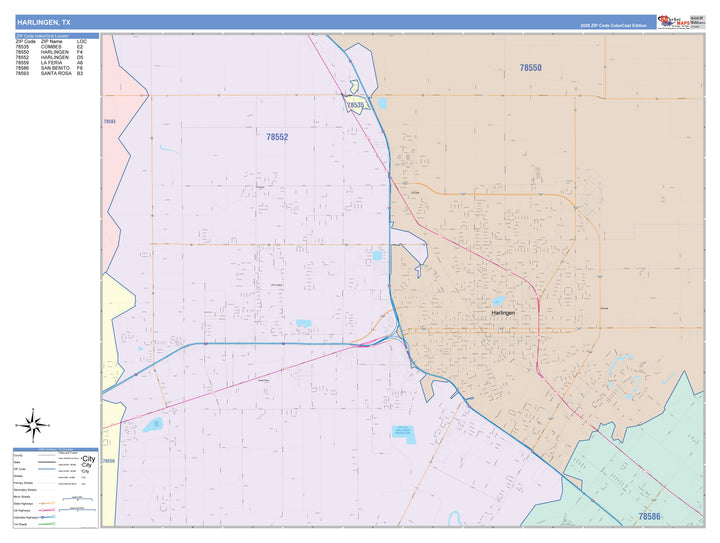 Color Cast Zip Code Style Wall Map of Harlingen, TX